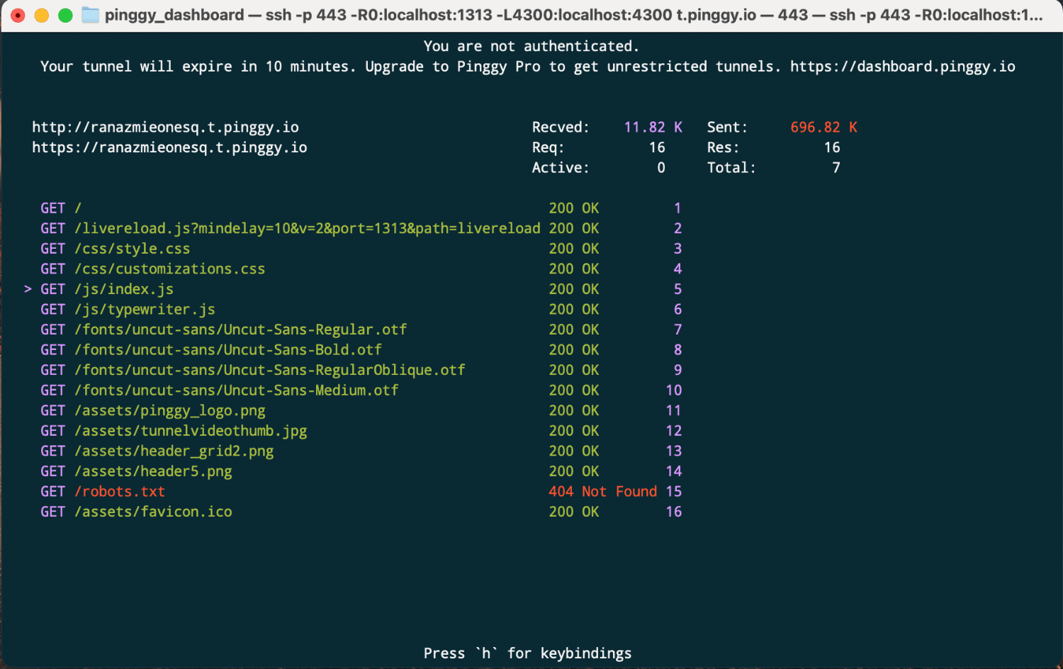 Pinggy terminal user interface (TUI) screenshot showing list of requests