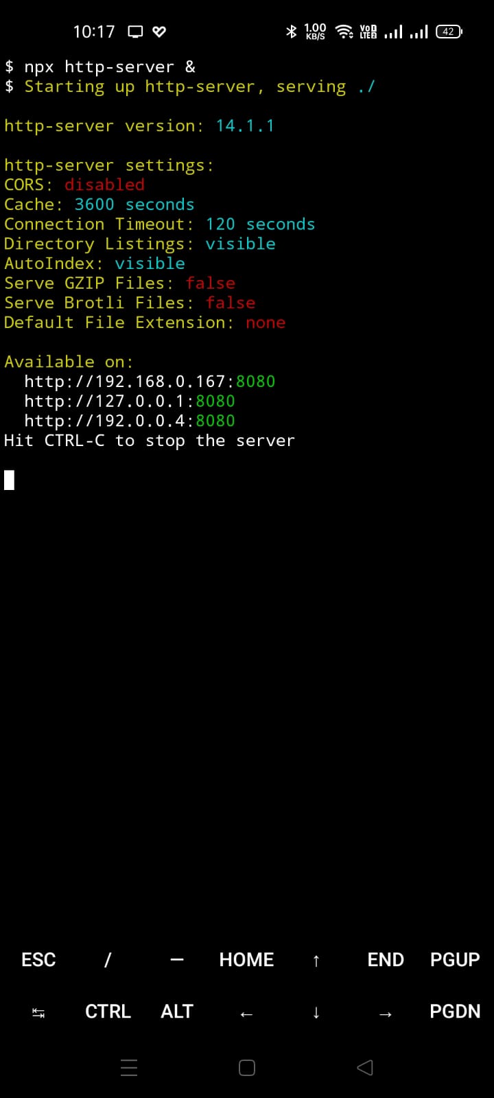 Android phone with node http server on termux